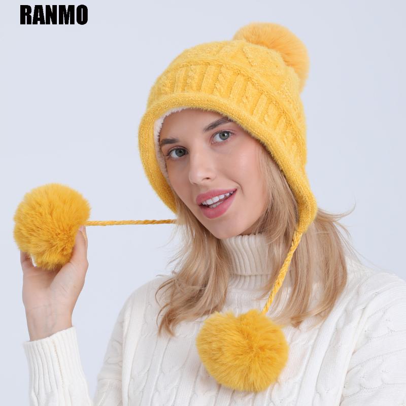 

Beanie/Skull Caps RANMO Fashion Women Winter Knitted Hat Soft Warm Beanie Three Hair Balls Female Skullies Chenille Cute Girls, Yellow