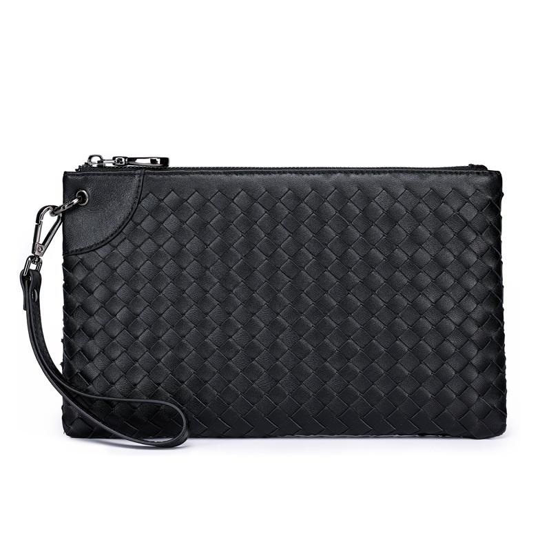 

Men Weave Knitting Clutch Wallet Handy Bag Genuine Leather Shoulder Bag Handbags Day Clutches Male Large Purses Envelope, Black-l
