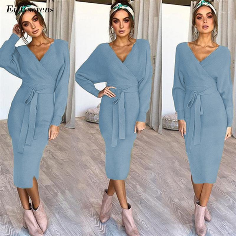 

Casual Dresses Elegant Autumn Bodycon Knitted Dress Women Sheath Wool Long Sleeve Solid Sashes Cotton Femme 2021 1, Black