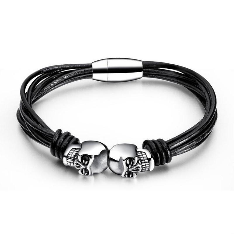 

Men's Titanium Steel Skull Bracelet Halloween Personality Simple Multi Layer Leather Rope