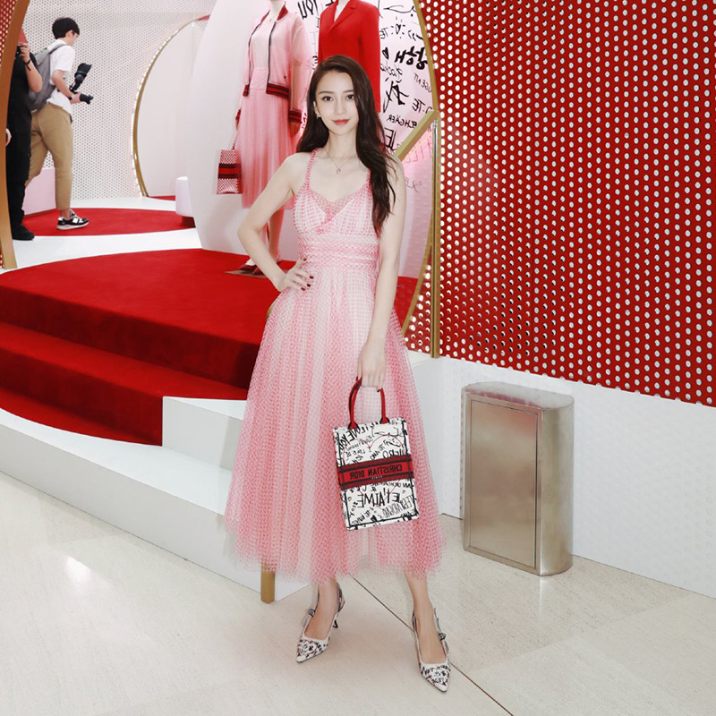 

2021 New star SUMMER travelling waist pink suspender Polka Dot Dress temperament evening dress Elastic waistline