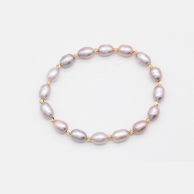 

7-8MM Natural Freshwater Cultured Oval Pearl Bracelet Rice Shape Pearl Stretch Bangle Bracelet Love Wish with Gold Plated Charm