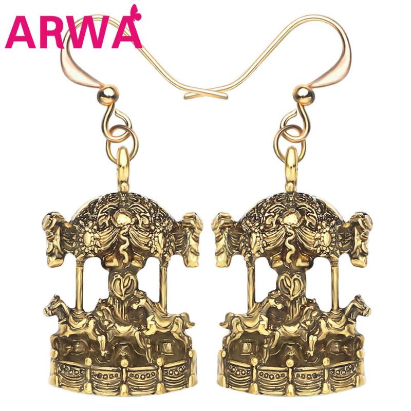 

Dangle & Chandelier ARWA Antique Gold Plated Carrousel Horse Earrings Big Long Cute Animal Drop Jewelry For Girl Kids Fashion Gift Decoratio