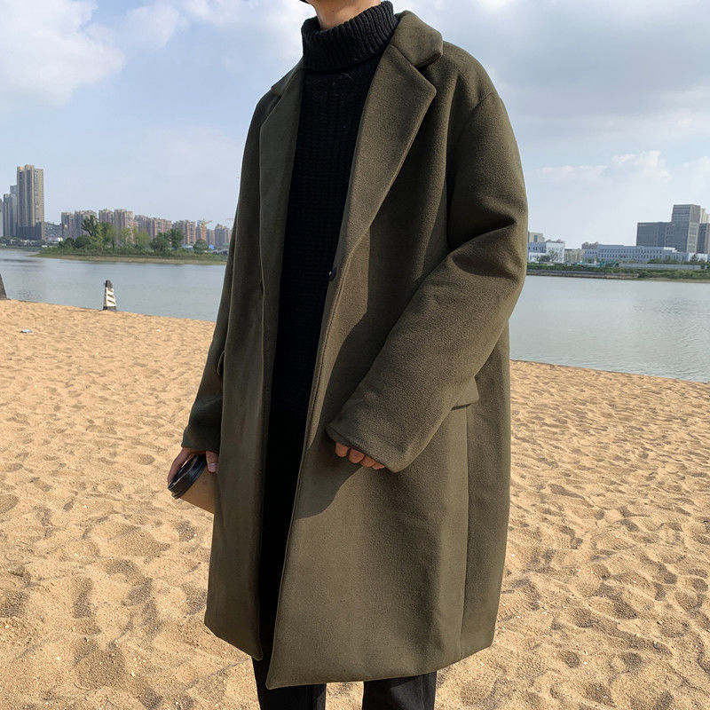 

Men's Wool 2021 Coat Spring and Winter Thin New Mid-one Length Breasted Lapel Youth Clothes M-2xl 4IPI, Black