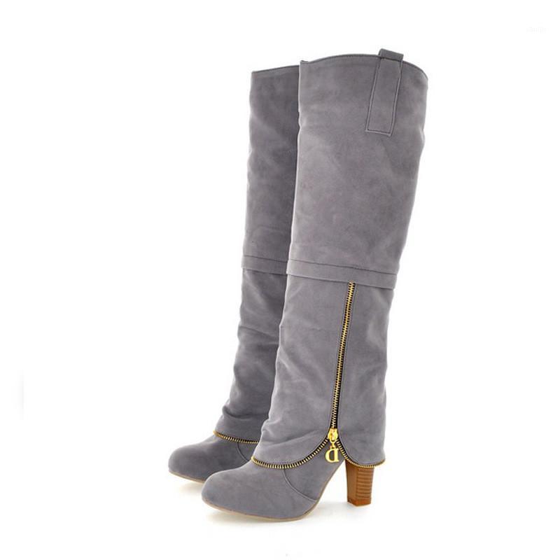 

Plus Size 34-43 High Heels Long Boots Flock Winter Knee High Boots Women Shoes Fashion Zipper Style Botas Femininas XKD21081, Black winter