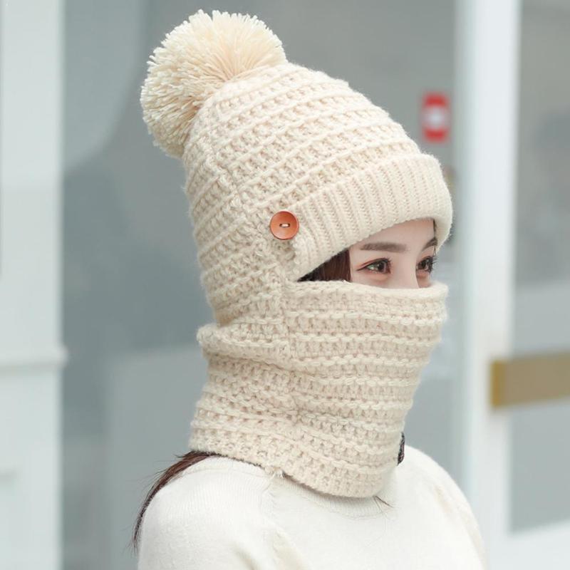 

Beanie/Skull Caps Plush Knitted Bib One-piece Hat Women Warm Mask Fur Skullies Beanies For Cap Girls Pompom Hats I8P8