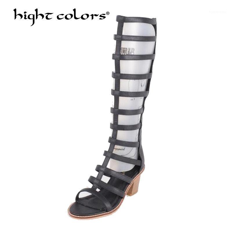 

Women Summer Shoes Black White denim high heels metallic tiger fretwork Knee High boots strap motorcycle sandals MS-6811