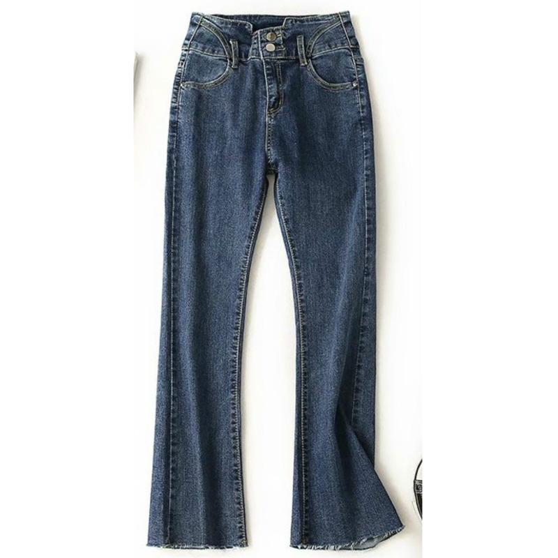 

DEAT 2020 Spring Autumn Fashion Two Buckle Elasticity Flare Pants High Waist All-match New Tide Women Tide Jeans 11A029, Deep blue