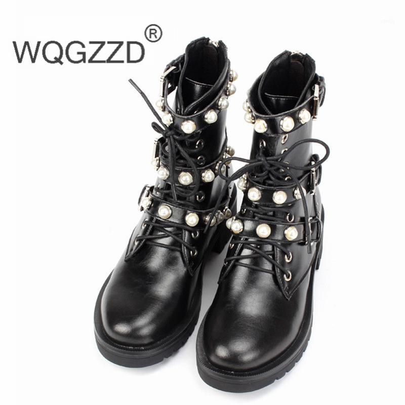 

2020 European Women Genuine Leather Motorcycle Boots Pearl Winter Shoes Women Botas Mujer Size 35-401, Black
