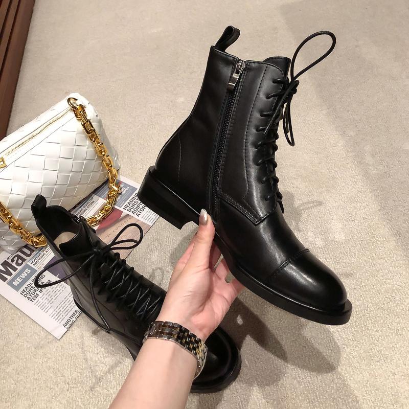 

2020 New Winter English Style boots Women shoes Thick - soled motorcycle boots Genuine leather Short ankle, Black