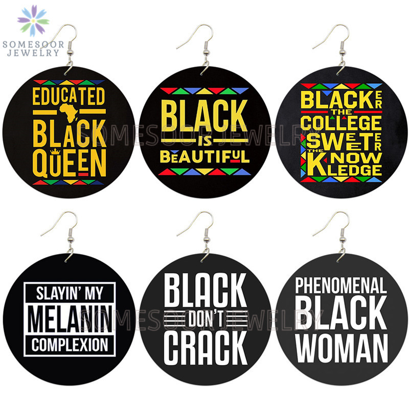

SOMESOOR #Black Sayings Phenomenal Women African Wooden Earrings Educated Afro Queen Melanin Printed Wood Jewelry For Lady Gifts LJ200904