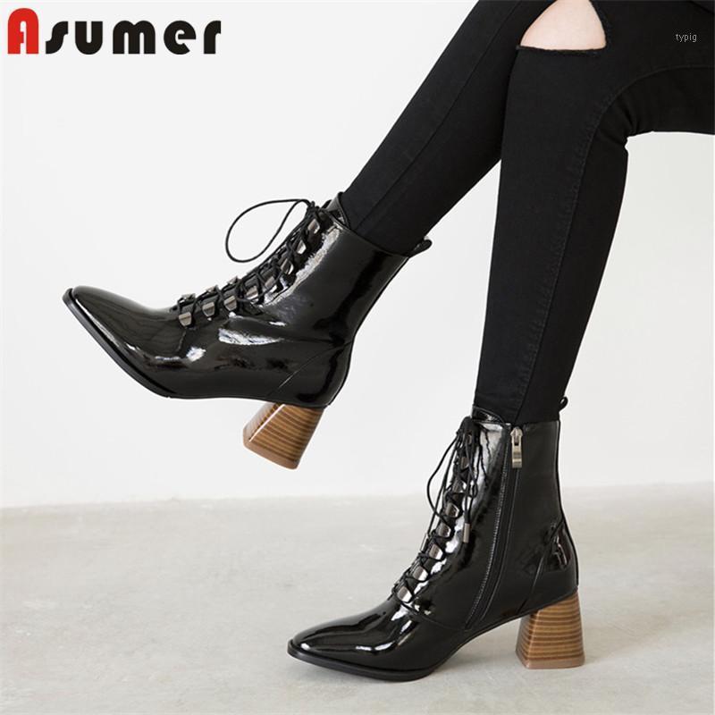 

Asumer 2020 big size 42 ankle boots women genuine leather shoes lace up high heels dress shoes ladies office woman boots1, Black patent leather