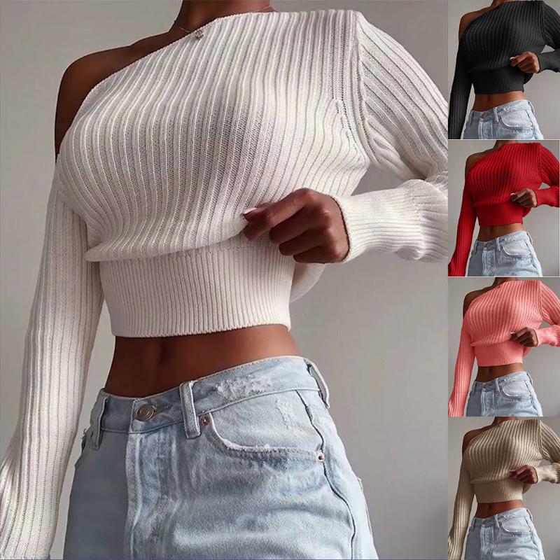 

Sexy solid women one shoulder knitted sweater slim Long sleeve waistband Pullover party High street jumper winter 2021, Black