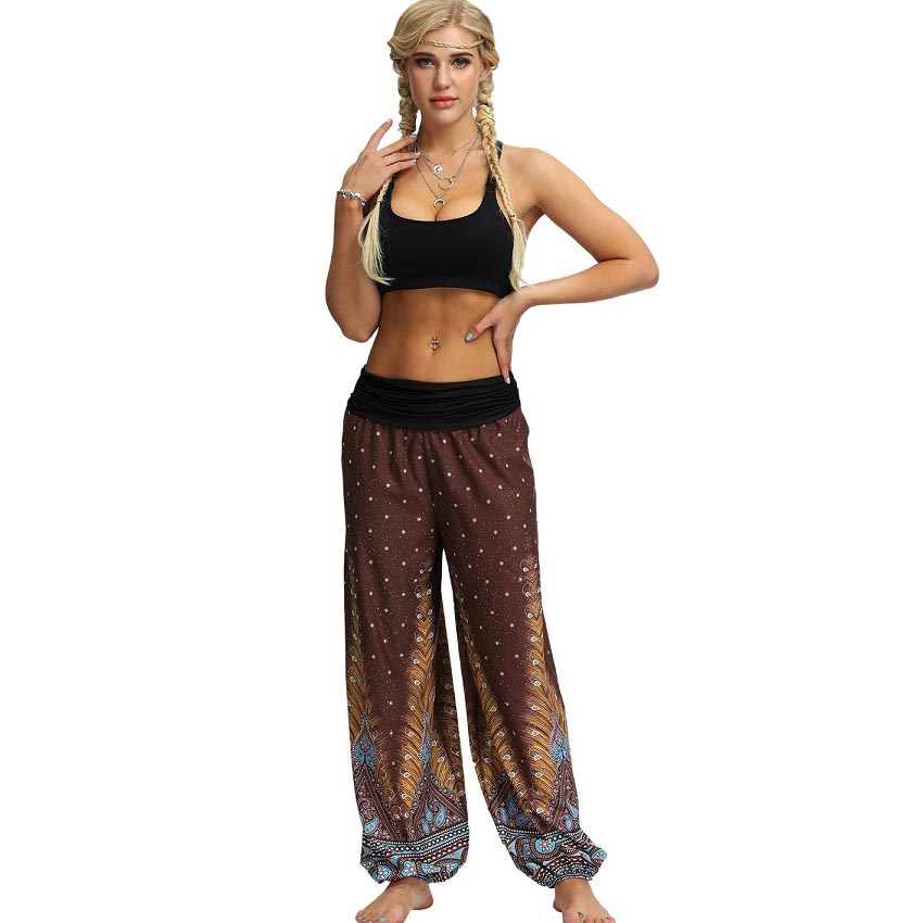 

Women Yoga Pants Fashion Feather Print Thai Style Joggers Trendy Novelty Womens Dance Pants Wide Leg 2020 New Wholesale, Yex001