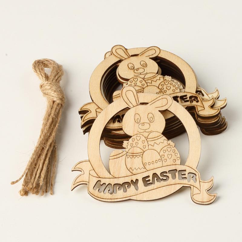 

10 Pcs Wooden Handmade Easter Pendants Ornaments Eggs Natural Wood Craft With Rope For New Year Home Party DIY Decorations1
