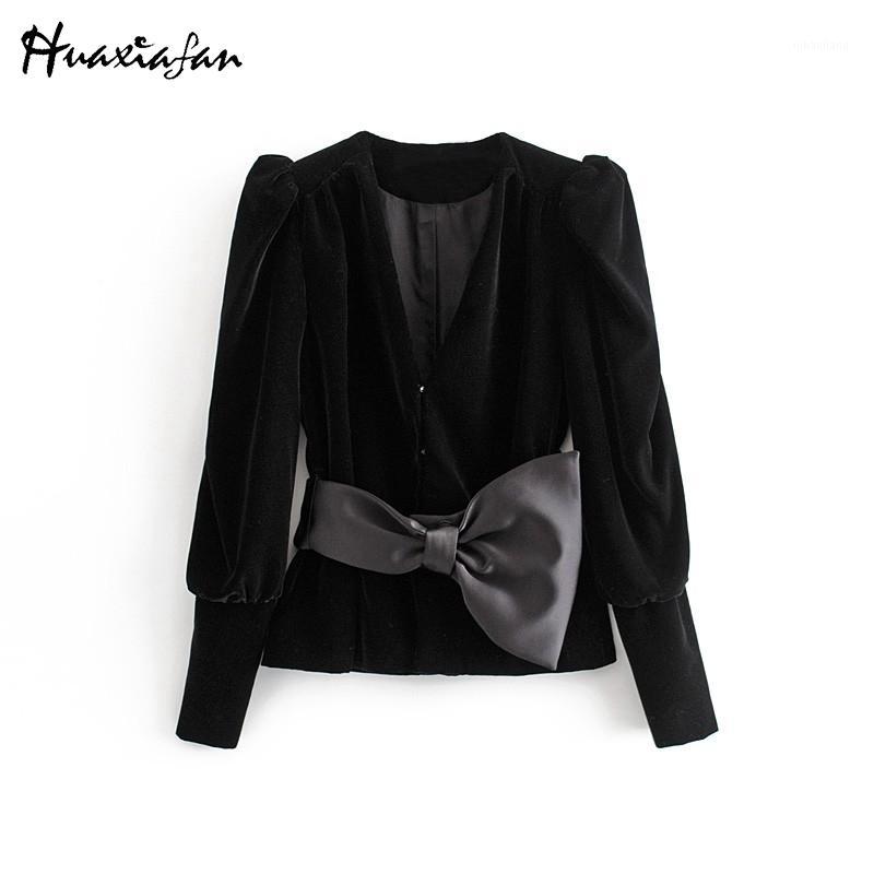 

Huaxiafan women shirt deep V neck sexy tops bow tie belt solid black female elegant long sleeve shirt autumn winter office lady1