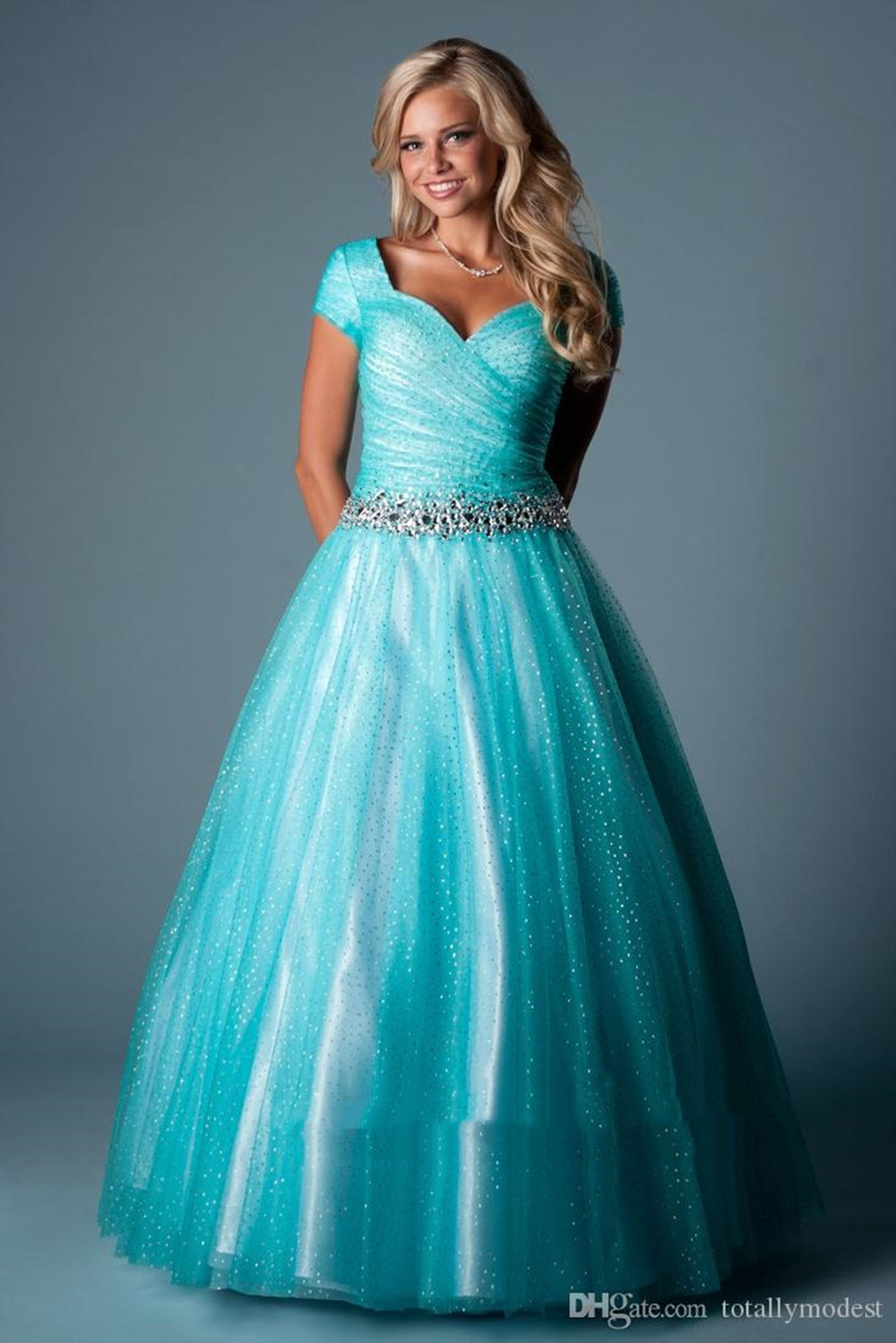 

Teal Ball Gown Modest Prom Dresses With Cap Sleeves Long Floor Length Crystals Ruched Sparkly Teens Modest Formal Party Dresses Short Sleeve, Ivory