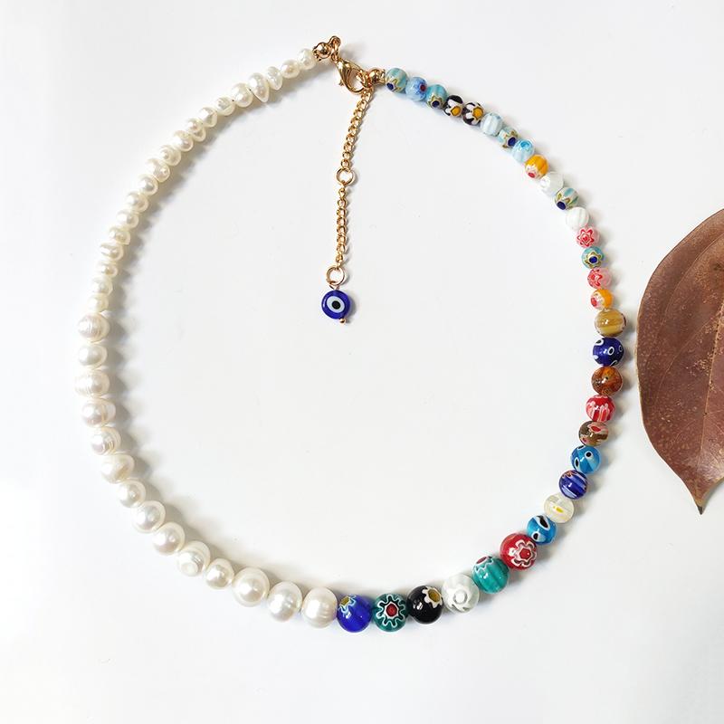 

Fashion Creative Asymmetrical Design Lady Charm Necklace Baroque Natural Pearl Color Printed Beads Exquisite Bohemian Style 2020