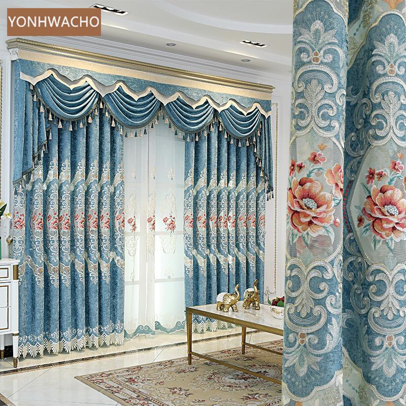 

Custom curtains luxury European living room chenille shading embroidery blue cloth blackout curtain tulle valance drape C359, Tulle sheer