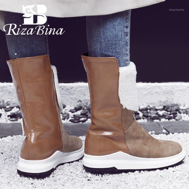 

RizaBina 2020 Warm Women Mid Calf Boots Winter Outdoor Comfortable Flats Shoes Leisure Daily Women Fur Footwear Size 33-431, Black