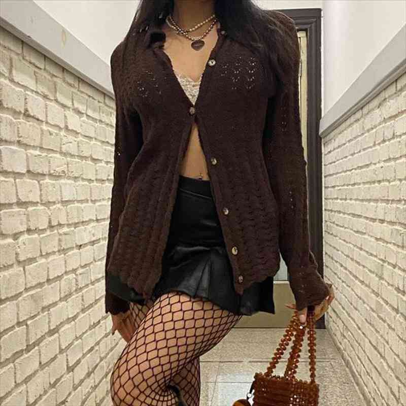 

Vintage Brown Knitted Y2k Sweaters Button Full Sleeve Outerwear Retro Grunge Fairycore Turn Down Collar Jumpers Kawaii Women, White;black