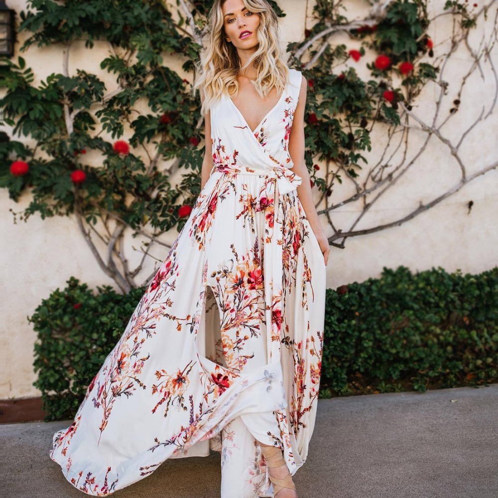 

2021 New Bohemian Summer Sexy V-neck High-slit Floral Print Boho Beach Women Sleeveless Robe Femme Casual Maxi 3dui, Blue