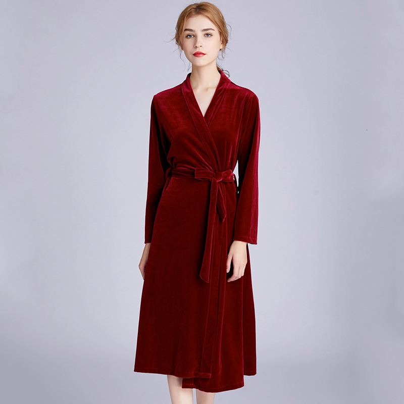 

2021 New Women Fall Midi Woman's Solid Veet Fine Embroidery Female Sleepwear v Neck with Nightwear Bands 80bk, Red embroidery