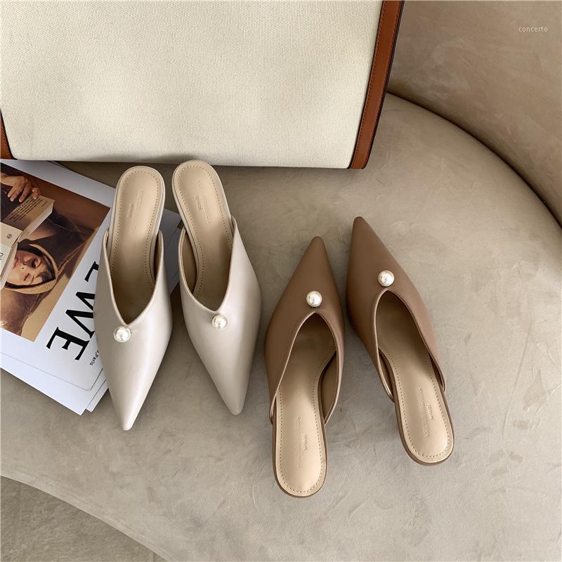 

2020 Spring New Model Pearl Pointed Thin Semi-High Heeled All-match Lazy Baotou Cool Women's Slippers Korean-Style1, Dark khaki