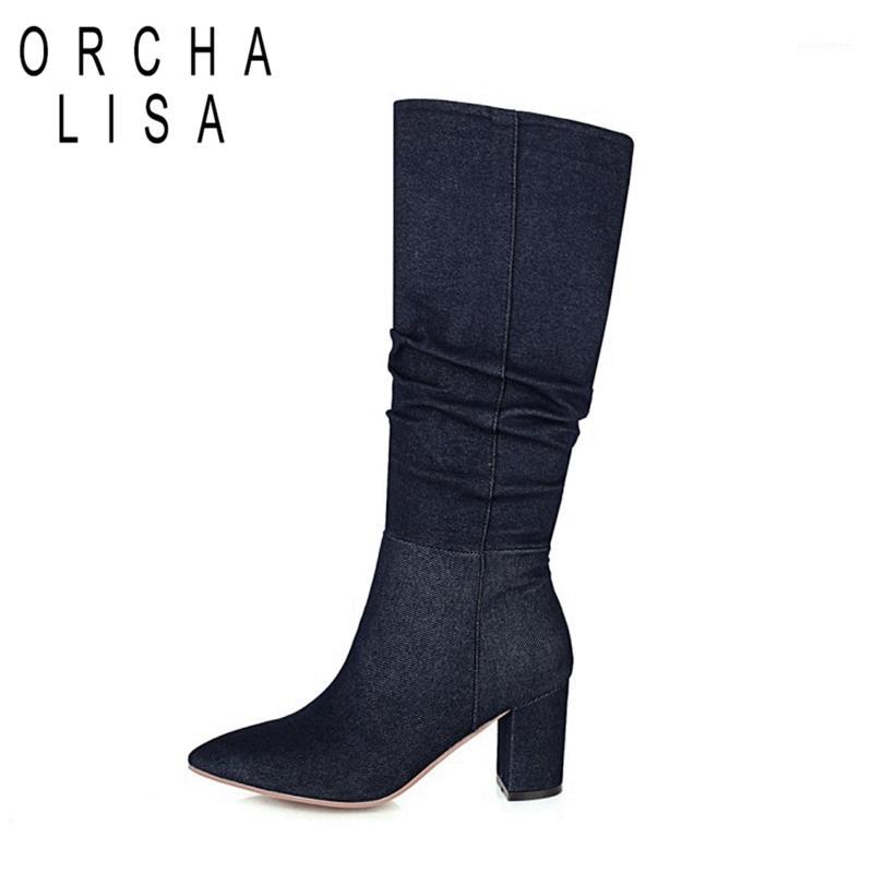 

ORCHALISA Winter Knee-high boots wide leg 5cm Square heels PU Slip-on Pleated Big size 34-43 Black White Red Blue Work C20501
