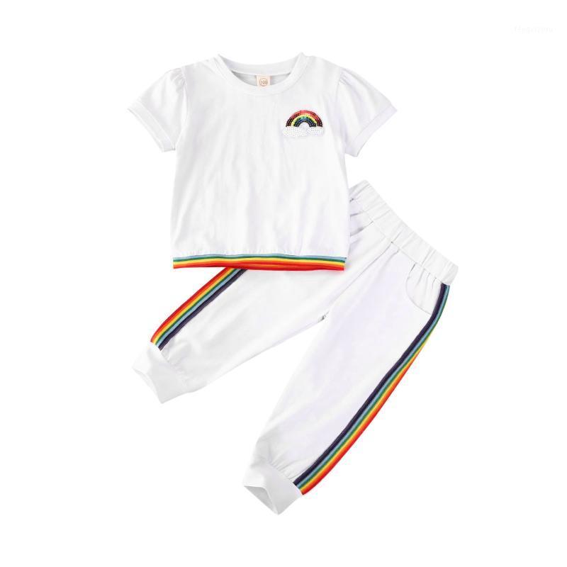 

1-5Y Summer Fashion infant Baby Girls Clothes Sets Rainbow Print Short Sleeve T Shirts Tops+Long Pants 2Pcs1, White