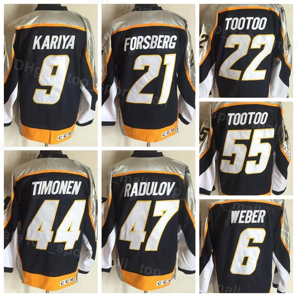 

Men Vintage Retro Ice Hockey 6 Shea Weber Jersey 9 Paul Kariya 21 Filip Forsberg 22 Jordin Tootoo 44 Kimmo Timonen 47 Alexander Radulov Black Home Stitched LveDuoZhe, 9 black