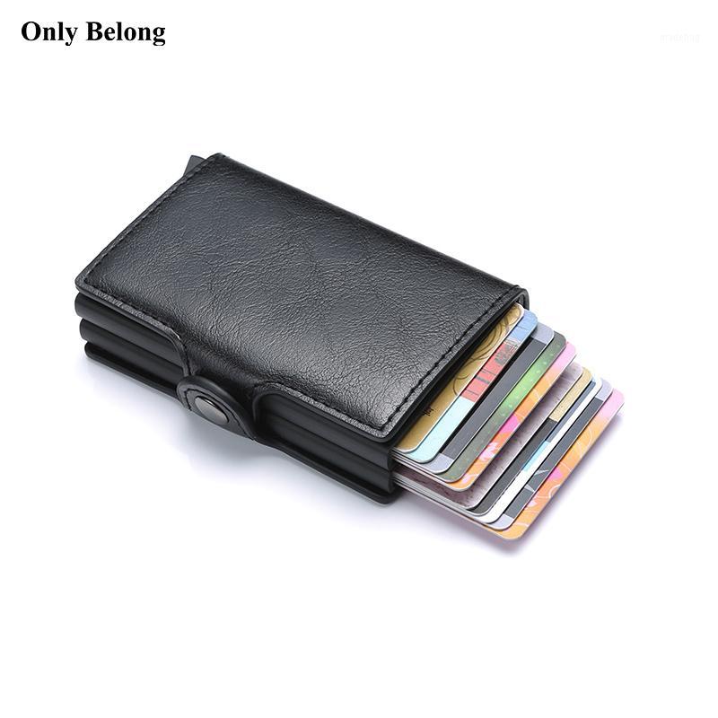 

Only Belong Antitheft metal men credit ID business card holder wallet aluminium cover for wallet protection Leather1, Black