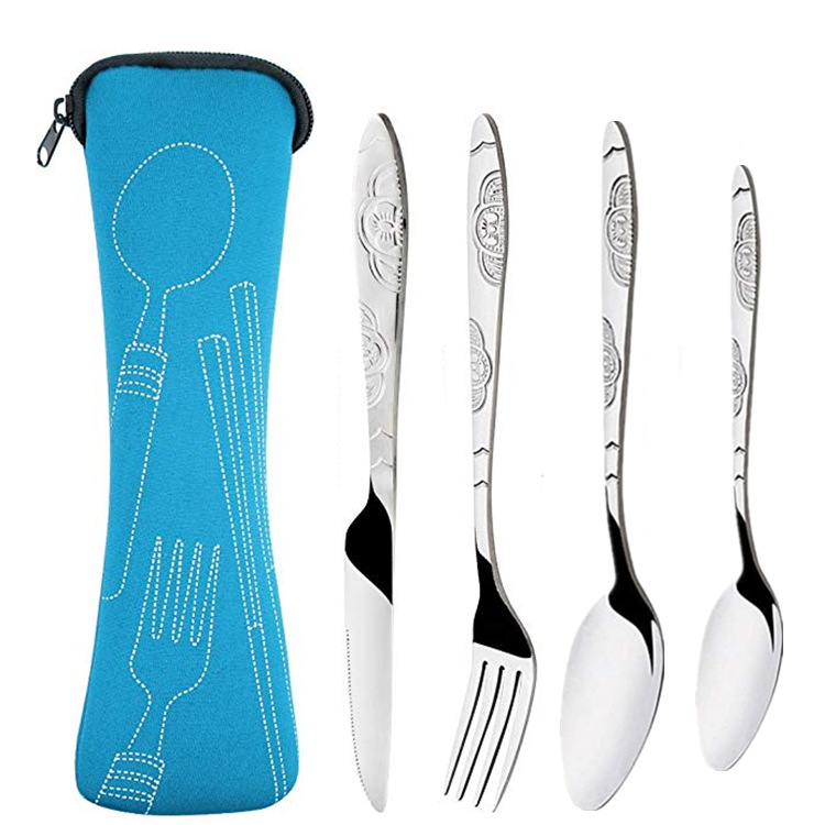 

4Pcs Portable Stainless Steel Knifes Fork Spoon Set Family Travel Camping Cutlery Eyeful Four-piece Dinnerware Set with Case