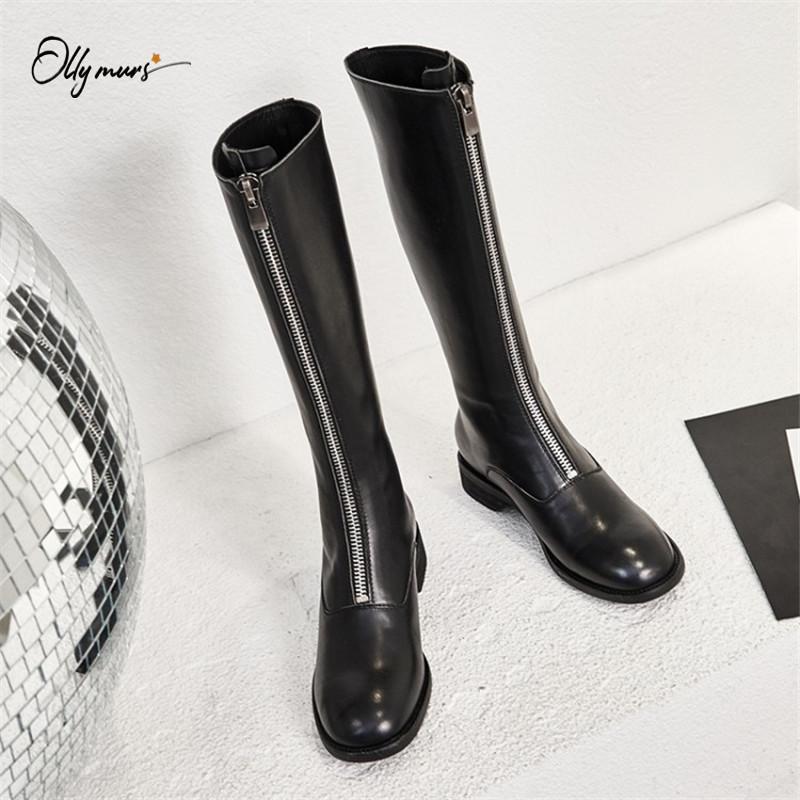

OllyMurs Fashion Black Women Knee High Genuine Leather Motorcycle Boots Round Toe Front Women Autumn Winter Boots Shoes Woman1, As pic