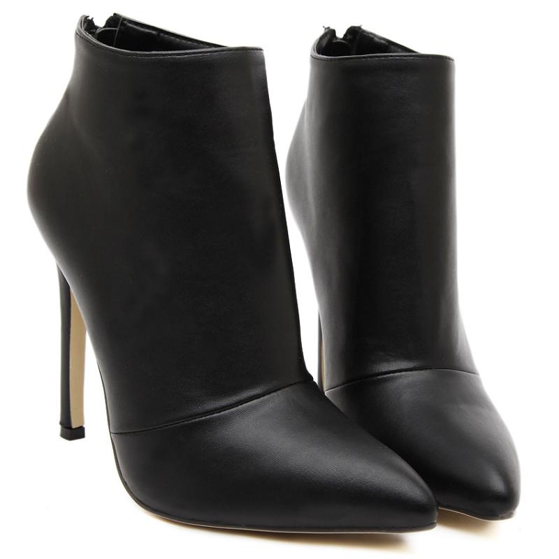 

Winter shoes ladies sexy high heels pointed toe ankle boots for women short plush red black plus size zapatos de mujer, Black pu 11cm