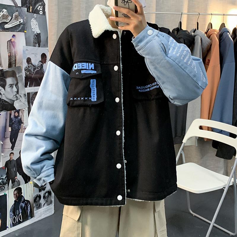 

Jacket Men's Winter Plus Velvet Thicken Lapel Printed Letter Coat Multi-pocket Stitching Color Lamb Velvet Warm Male Clothes, Black