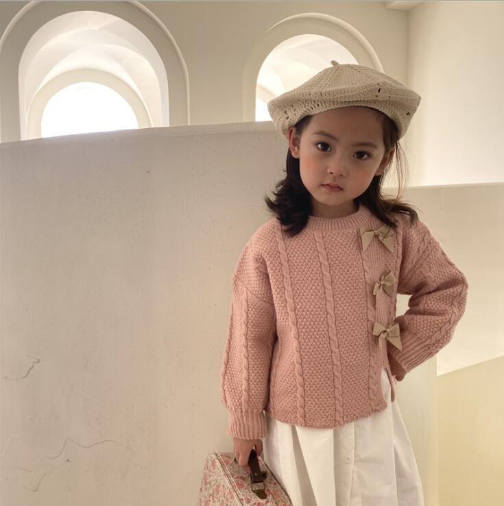 

2021 new girls knitted bow sweater cotton spring fashion girls pullover sweaters 2-7 years YL905, Beige