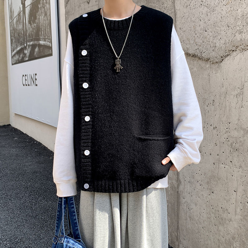 

2021 Men's Sweater Autumn New Winter Pure Colour High Collar Sleeveless Waistcoat Vest Male Clothing L8KS, Gray.