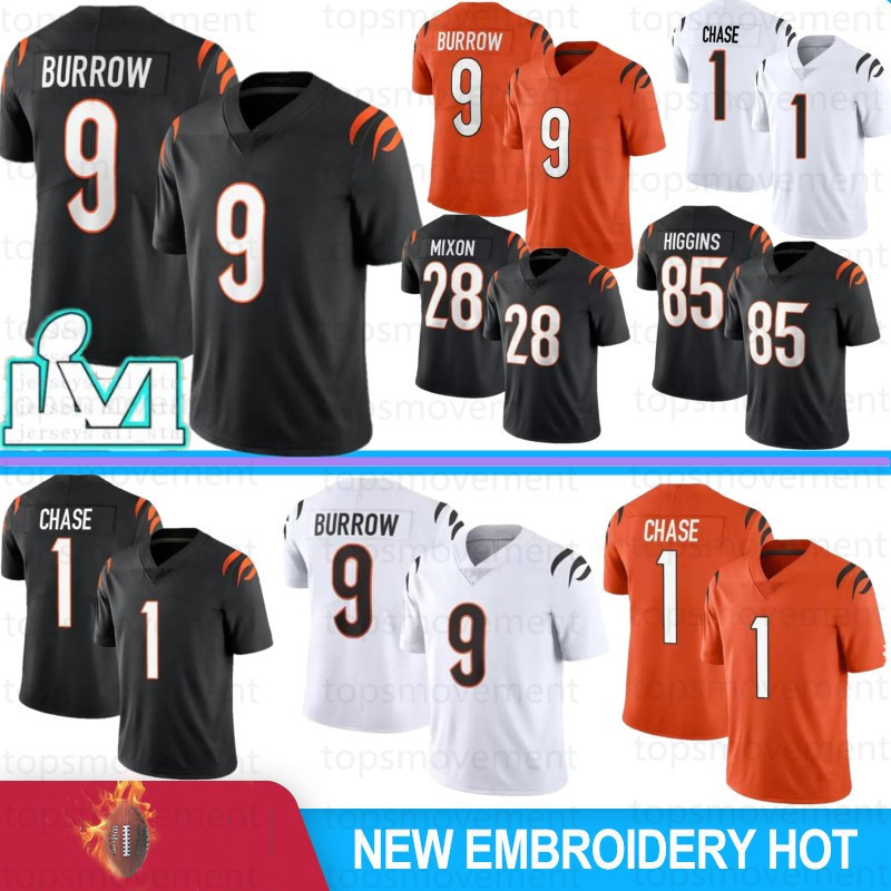 

9 Joe Burrow 1 Ja'Marr Chase Men Football Jerseys Tyler Boyd Joe Mixon Tee Higgins Sam Hubbard Jessie Bates III Evan McPherson Uzomah Logan Wilson 2022 Top Jersey, Menghu