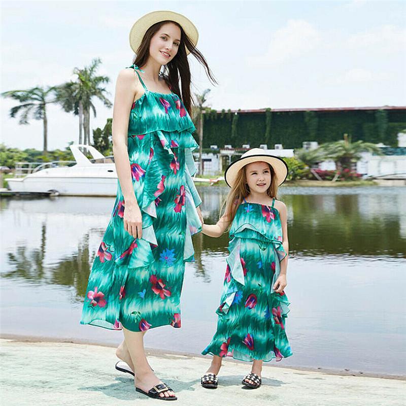 

Family Matching Dresses Mom and Daughter Floral Sling Sleeveless Long Dress Women Kids Girls Green Costume Summer Casual1