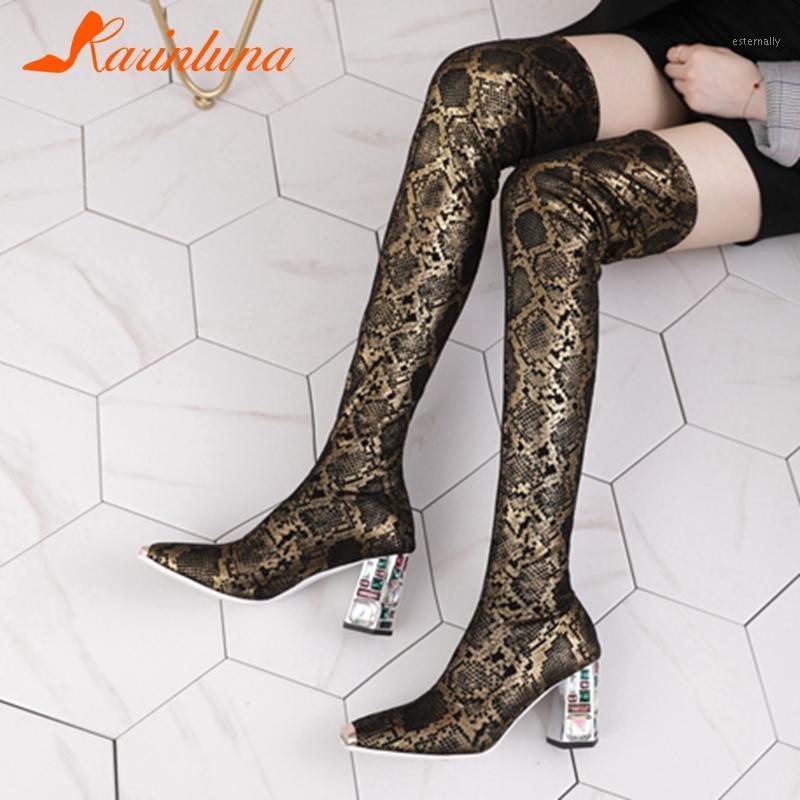 

Karin 2020 New Fashion Over-the-Knee Boots Sexy Party Slip-On Sqaure Toe Crystal Thick Heels women shoes1, Black