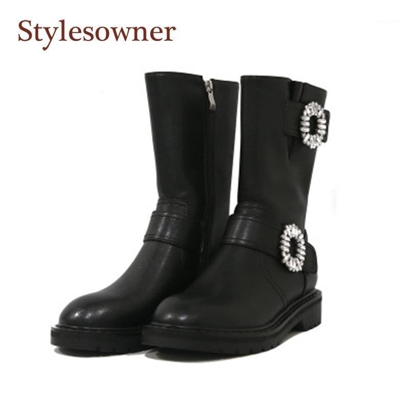 

Autumn/Winter New Rhinestone Middle Tube Shoes Fashion Round Toe Flat Side Zipper Ankle Boots Handsome Motorcycle Boots Women1, Black leather