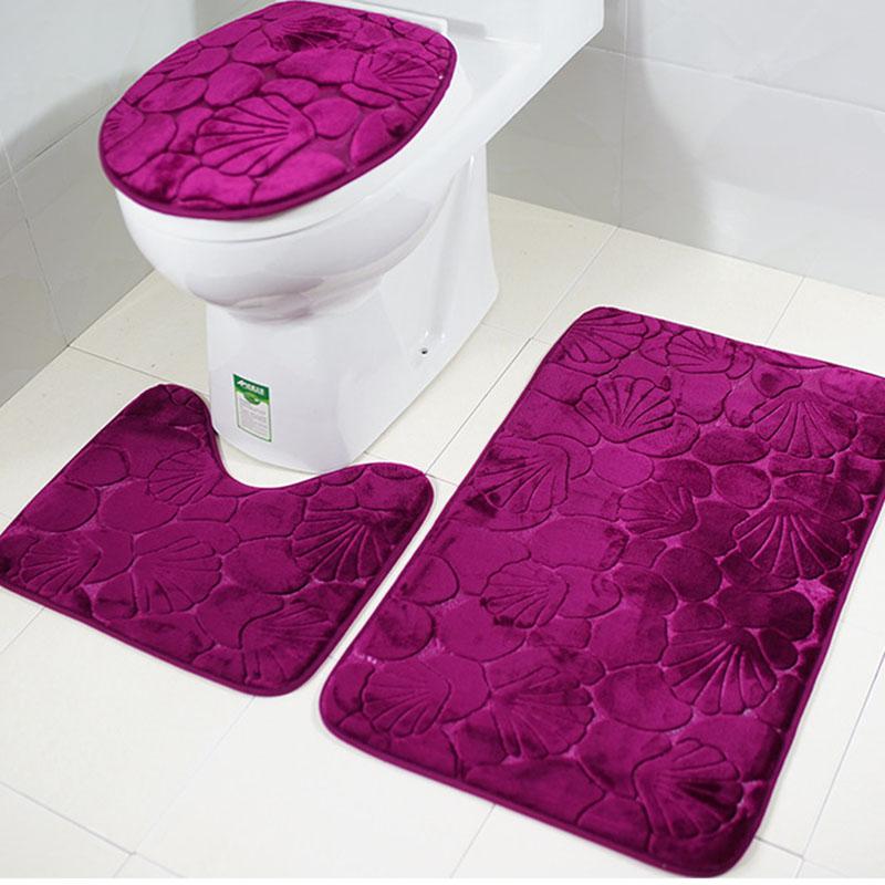 

3pcs/Set 3D Purple Shell Bathroom Mats Toilet Decor Flannel Bath Mat Solid Flower Anti-Skid Carpet Water Absorbent Foot Rugs