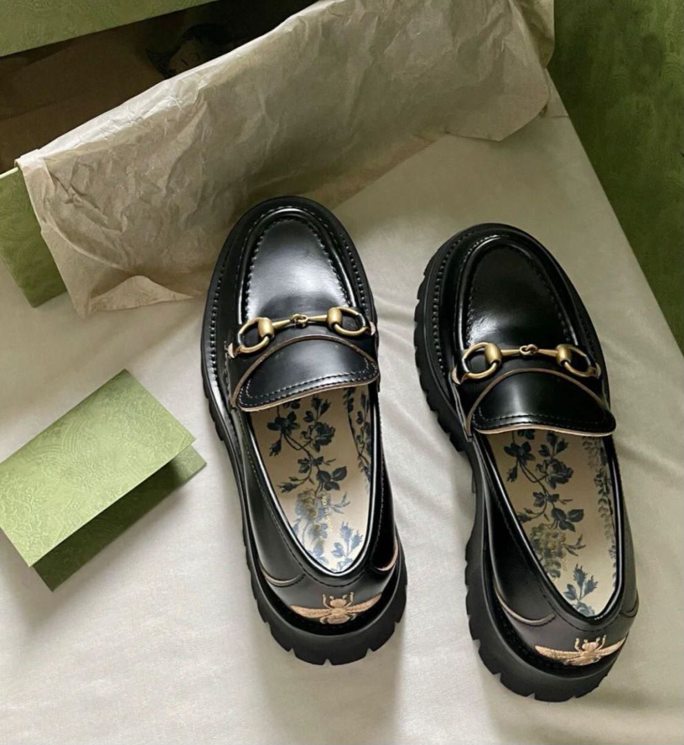 

Elegant Brand Horsebit-detailed Platform Loafers Shoes Metallic Embroidered Bee White Black Leather Women Casual Walking Chunky Lug Soles Moccasins