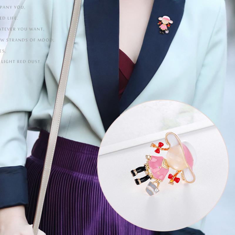 

Enamel Opal Carry Bag Girl Brooches Women Alloy Wearing Hat Girl Figure Office Casual Brooch Pins Gifts