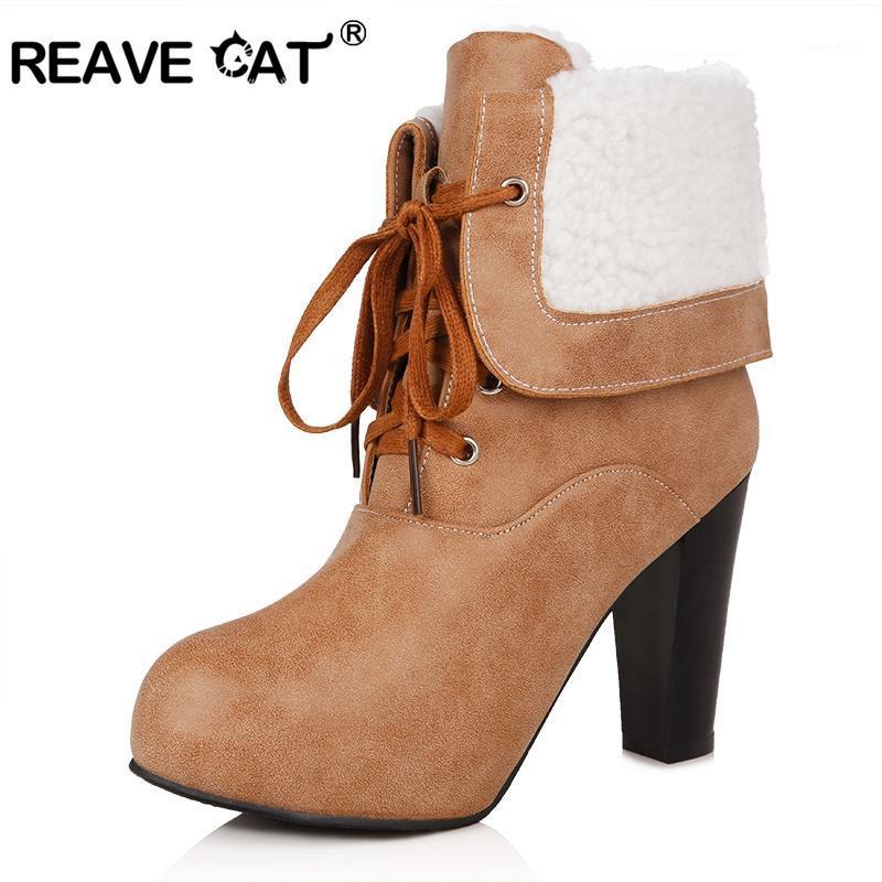 

REAVE CAT Winter Boots High Heels Ankle Boots for Women Plus Size 34-43 Motorcycle Lace-up Womens Shoes Warm fur Shoe A9861, Brown