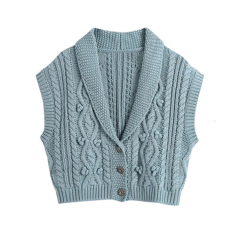 

New 2021  Cropped Knitting Vest Woman Winter Cable Knit Sleeveless v Neck Sweater Women Vintage Button Warm Waistcoat Aizc, Green
