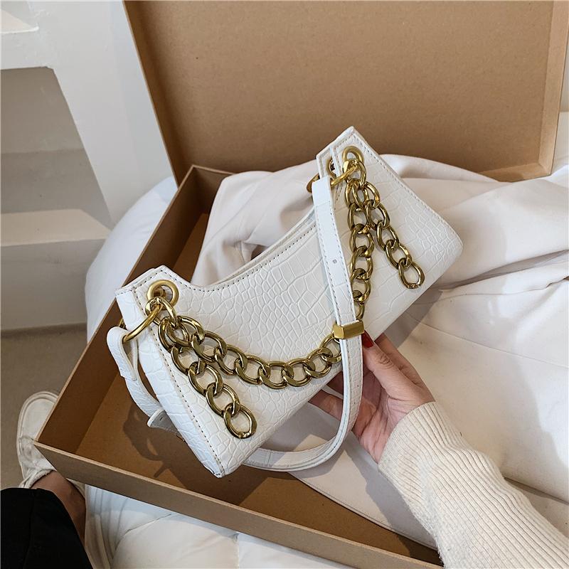 

Spring Trend Crocodile Pattern Baguette Bags For Women Chain Pearl Design Shoulder Bags High Quality Hand 2021, Pearl black
