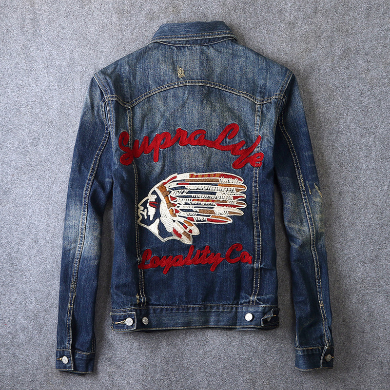 

2021 New High Street Fashion Jackets Retro Blue Indian Chief Embroidery Designer Hip Hop Denim Jacket Men Cotton Coats Chaqueta Homme Owsg