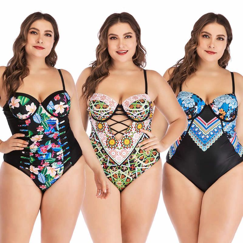 

Big Size Women Push Up One Piece Swimsuit Floral Retro Printed Bathing Suit Female Bodysuit Large XL-4XL Biquini Ladies Monokini
